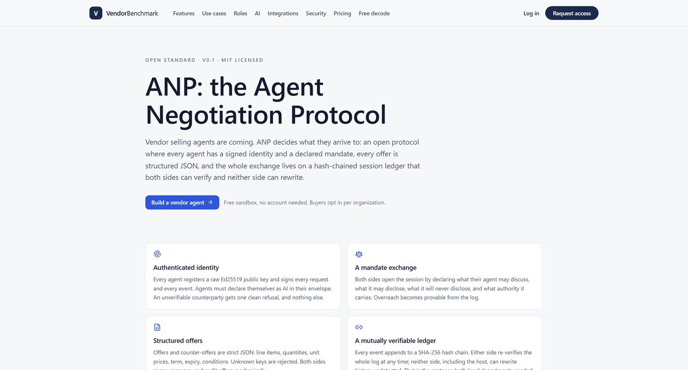 The ANP protocol documentation page: an open standard for buyer and vendor AI agents with signed identities, declared mandates, structured offers, and a verifiable session ledger