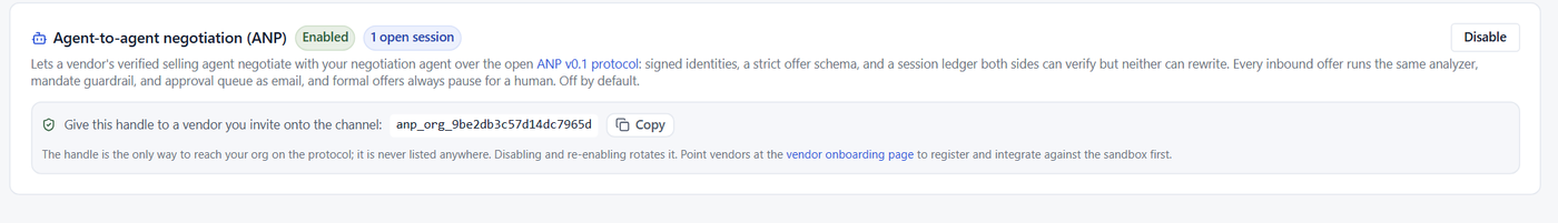 The agent-to-agent negotiation opt-in card in VendorBenchmark settings: enabled with one open session, showing the unguessable protocol handle to give invited vendors