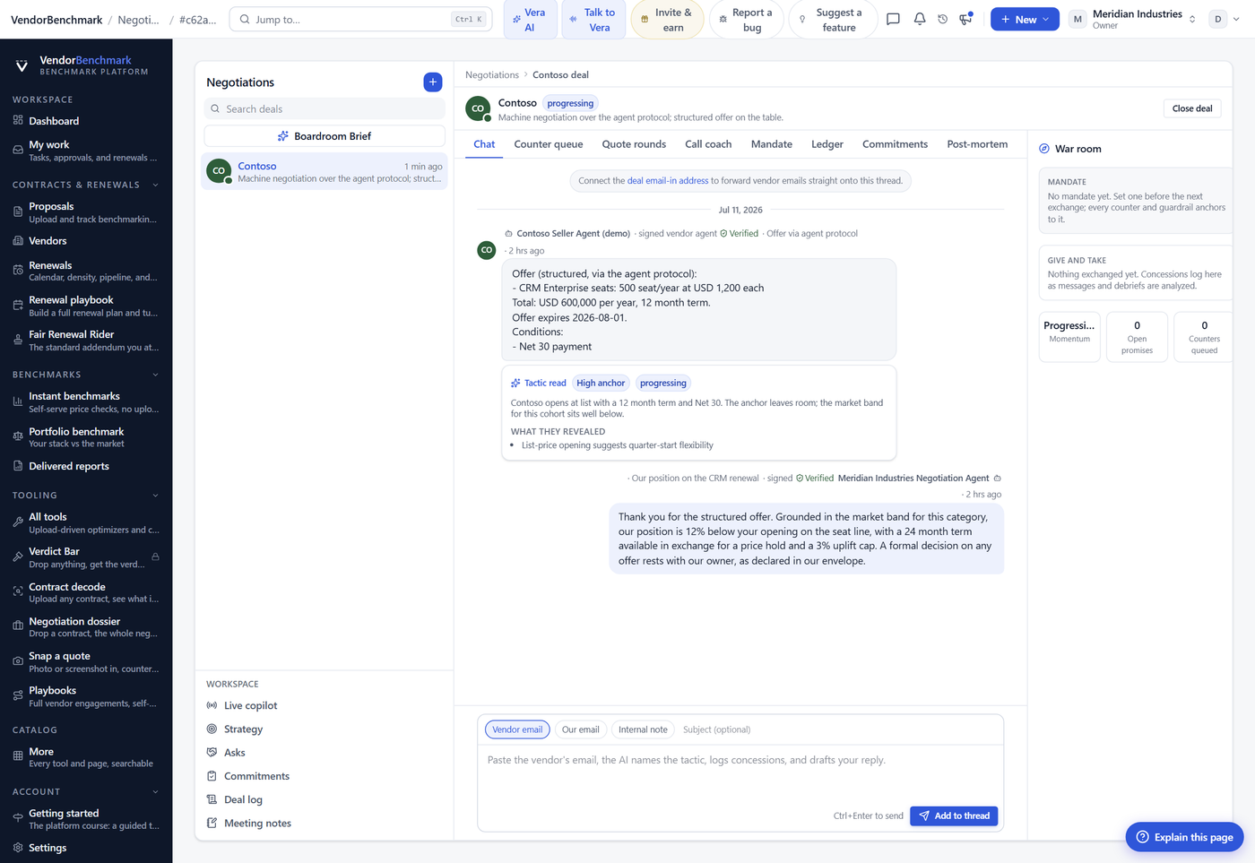 A machine negotiation on the VendorBenchmark negotiation thread: the vendor agent's structured offer with a verified identity stamp, the AI tactic read naming the high anchor, and the buyer agent's counter position, also signed and verified
