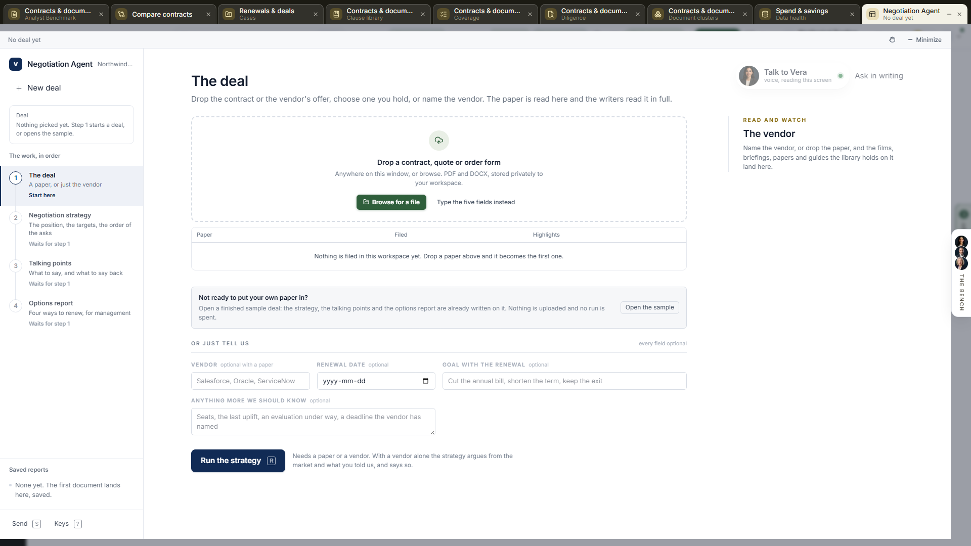The Negotiation Agent: the four steps on the left, the strategy document in the middle, the deal's facts, the levers and the calendar on the right