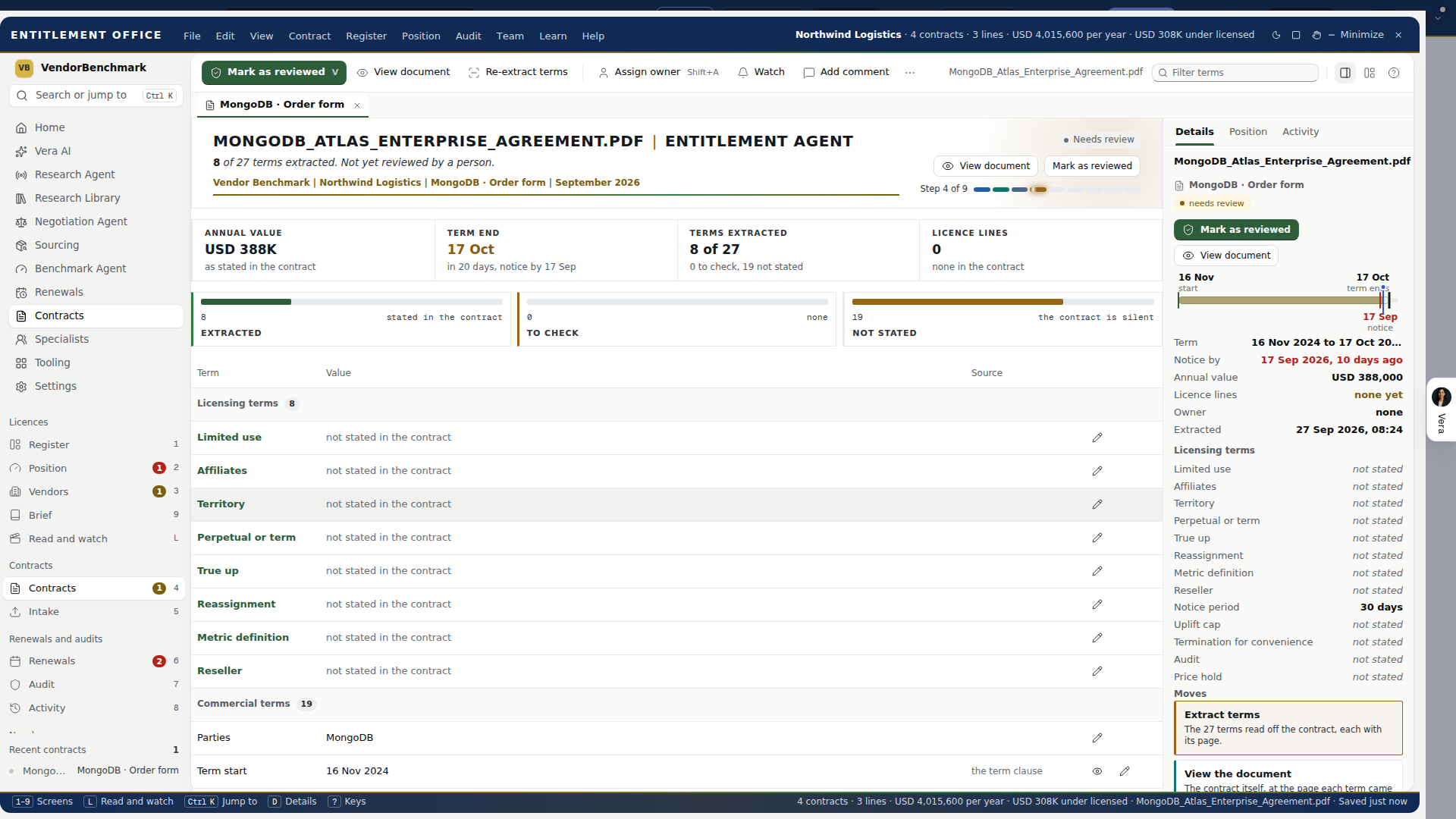 Entitlement Agent, a contract open as a tab: the licensing terms next to the commercial terms, each with the page it came from