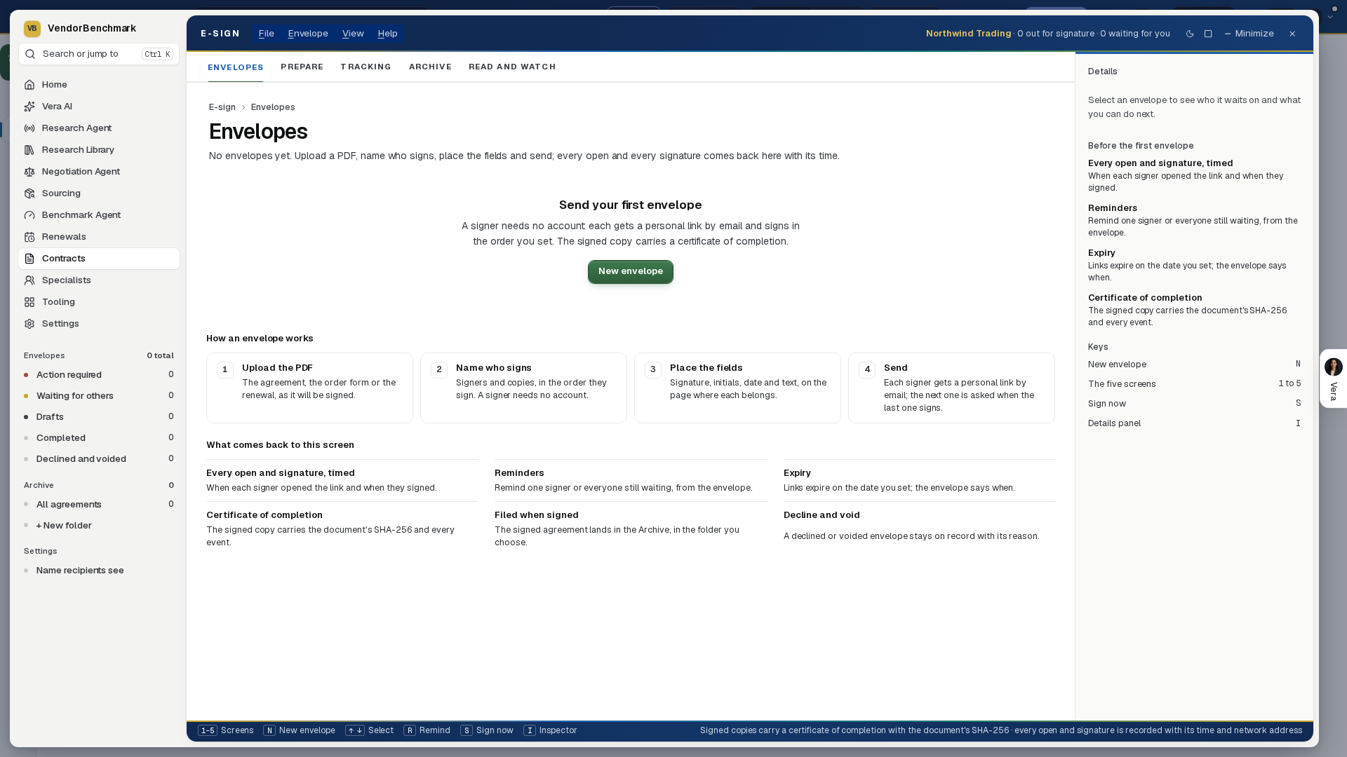 E-sign on its Envelopes screen: the menu of envelope groups and the archive on the left, the Envelopes head, and the first envelope to send