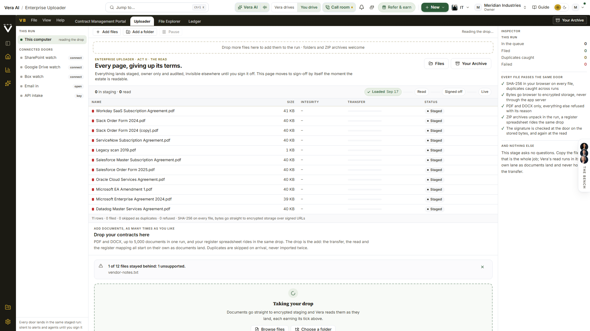 The estate explorer: folders, files, and the tick as each paper is indexed