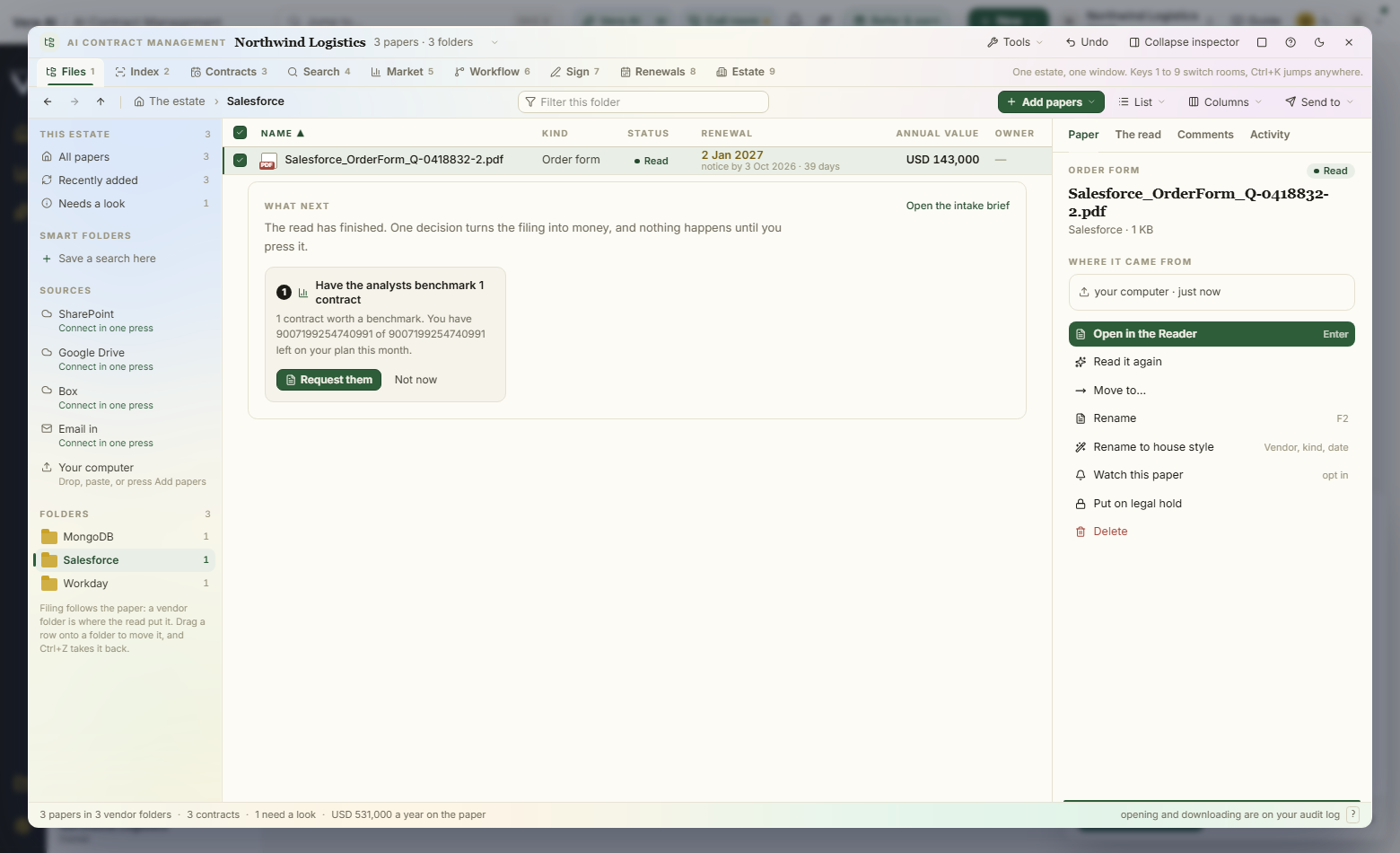The AI Contract Management, the Files room over the estate