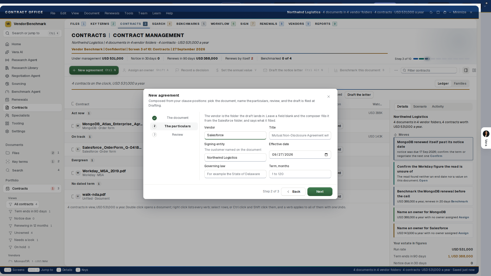 New agreement: the template, the particulars, and the draft composed from your positions