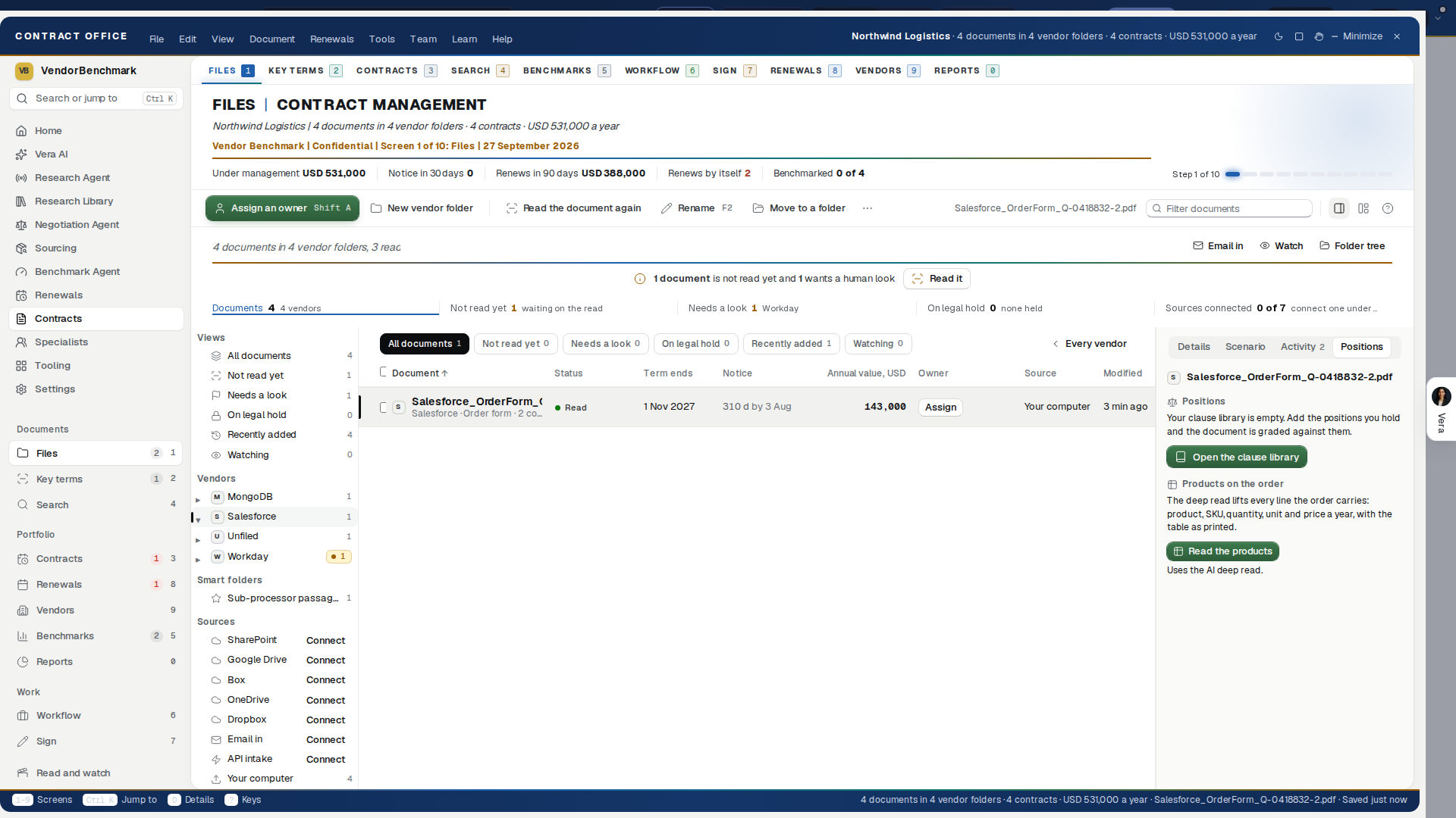 The Positions tab: the document graded against your clause library