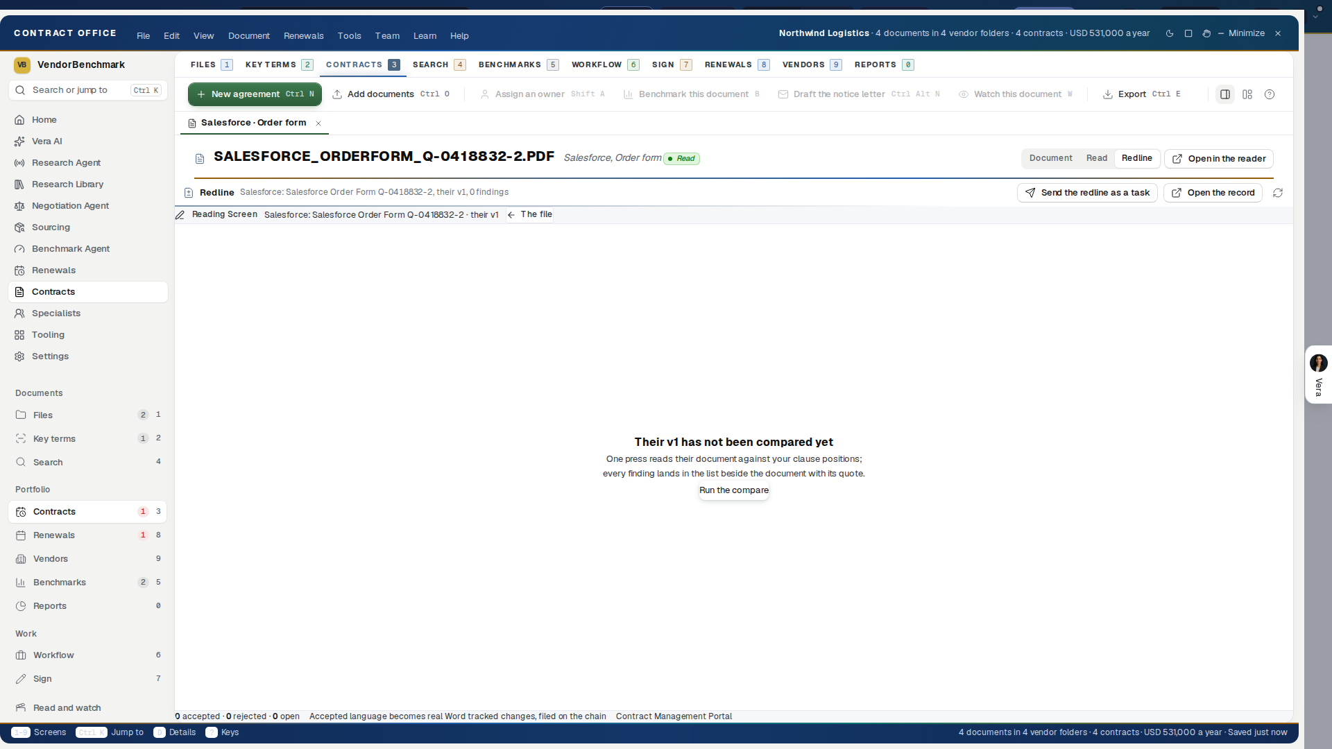 The redline on an open document: their language against yours, the tracked change drawing live
