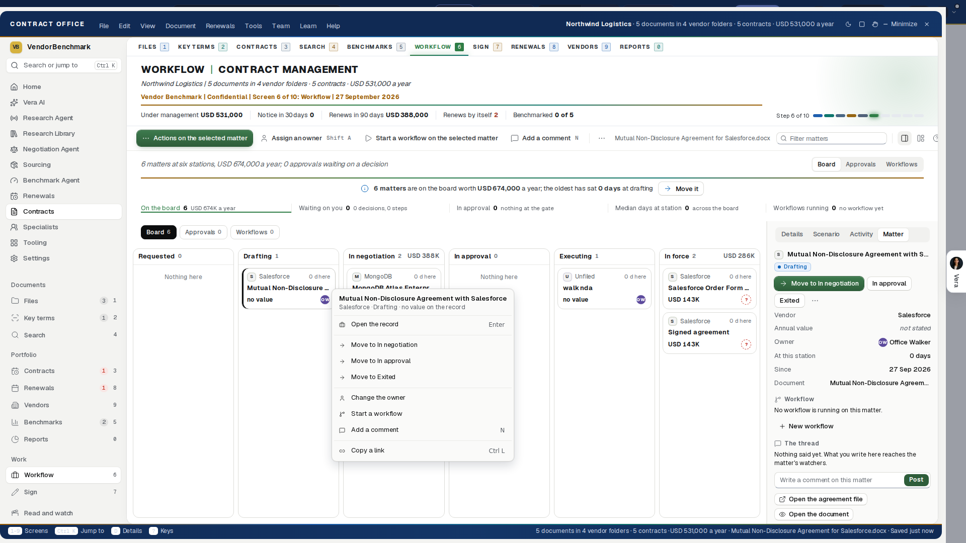 The right click on a matter: move, assign, comment, start a workflow, open the record or copy a link