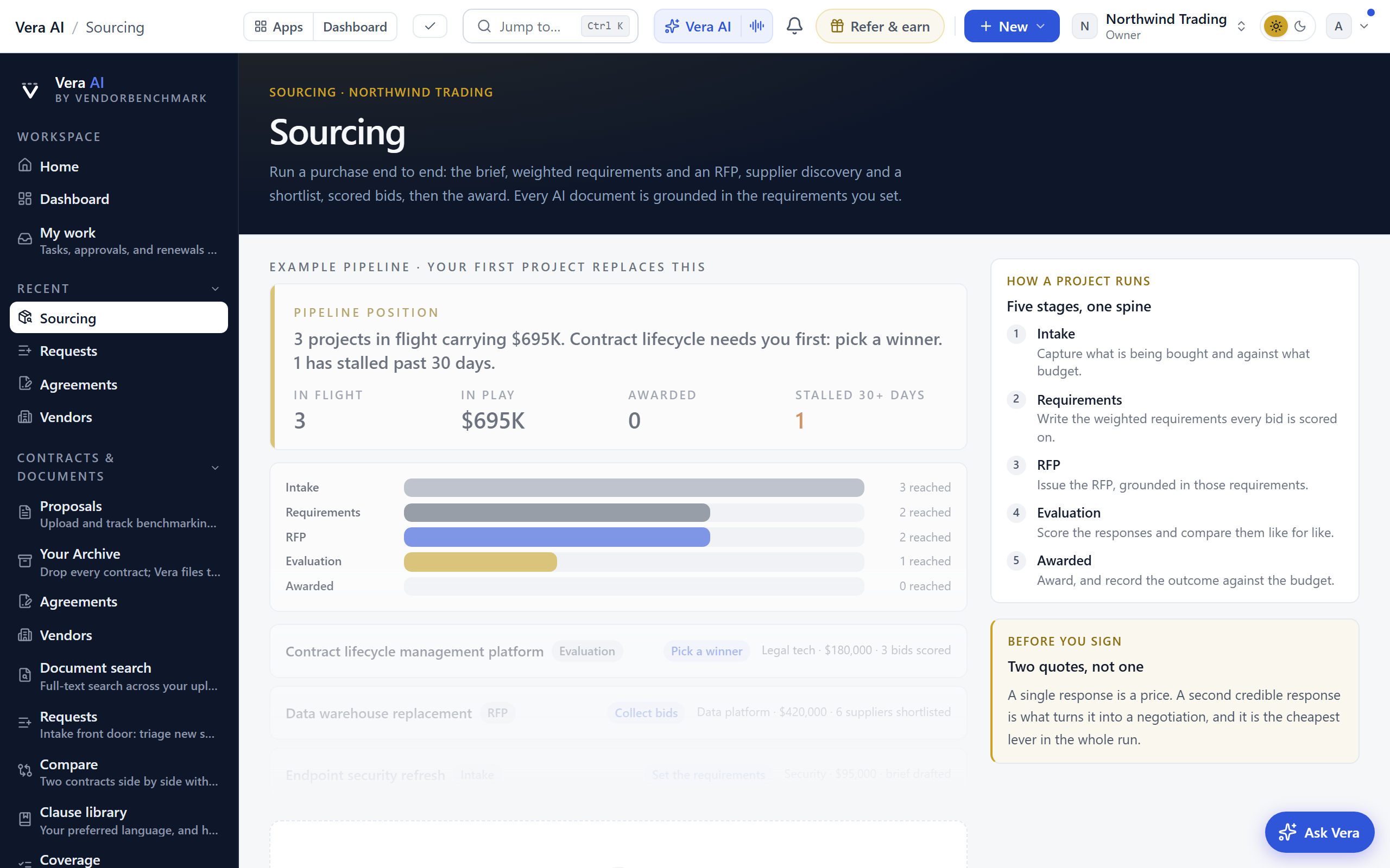 A sourcing project run through to award