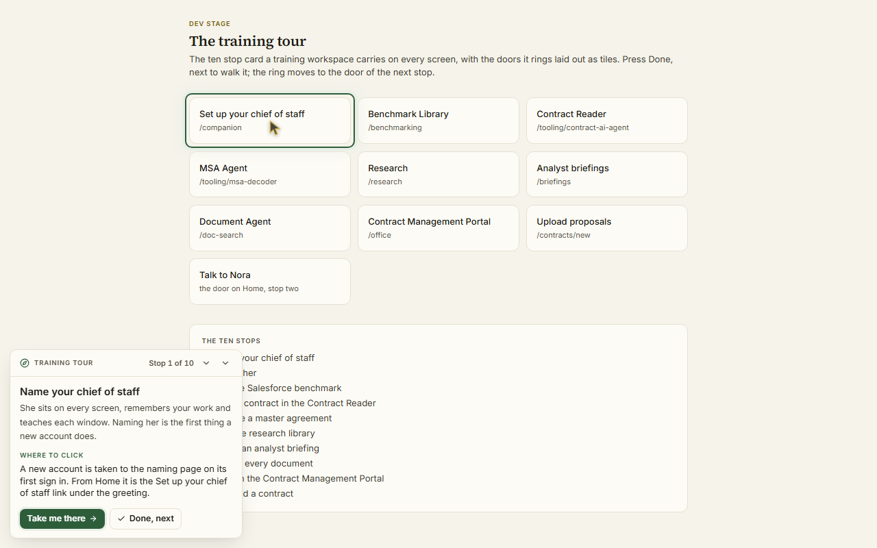 The training tour card on stop one, with the ring on the door it names