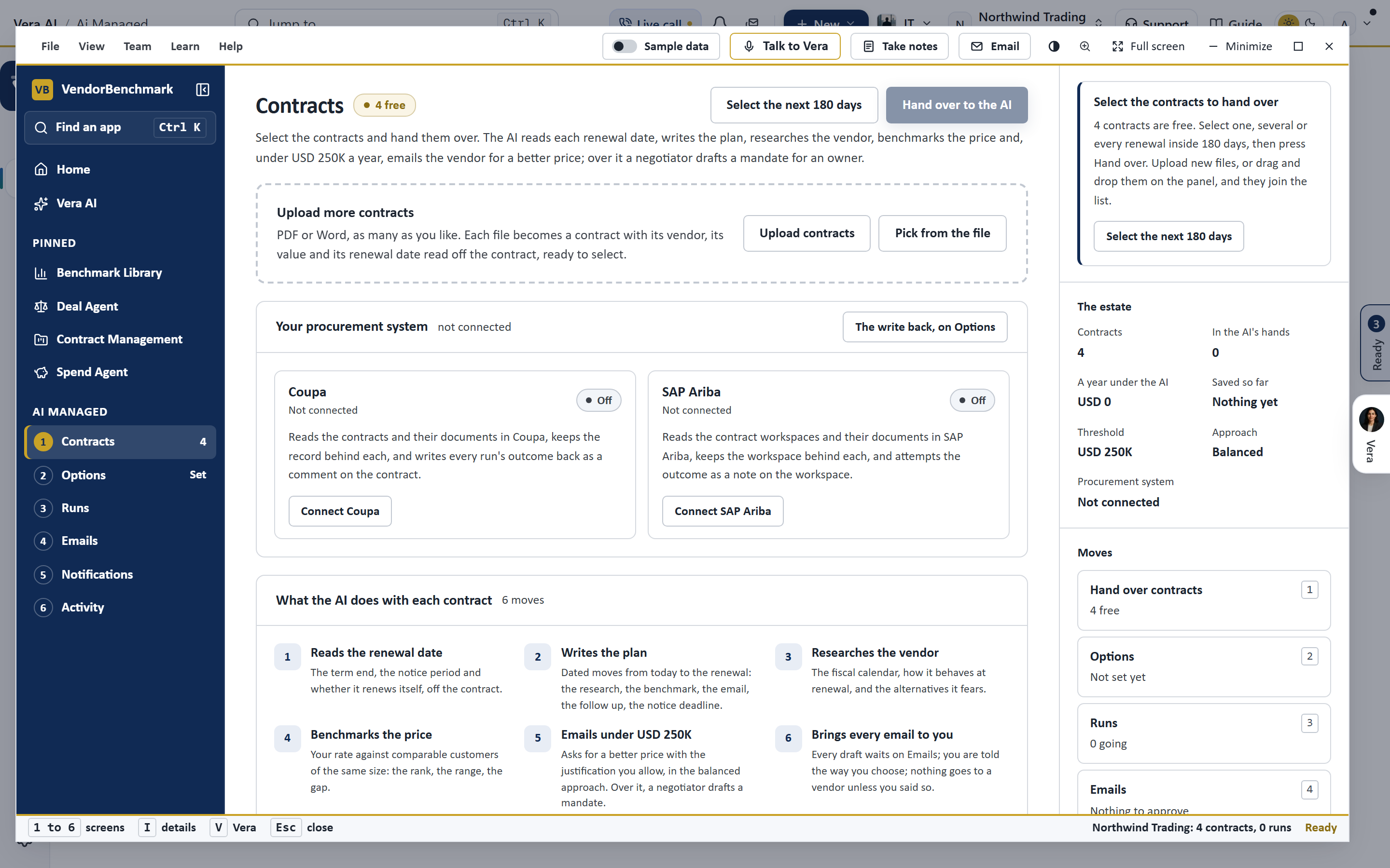 The AI Managed Contracts screen with the estate table, several contracts selected and the hand over bar