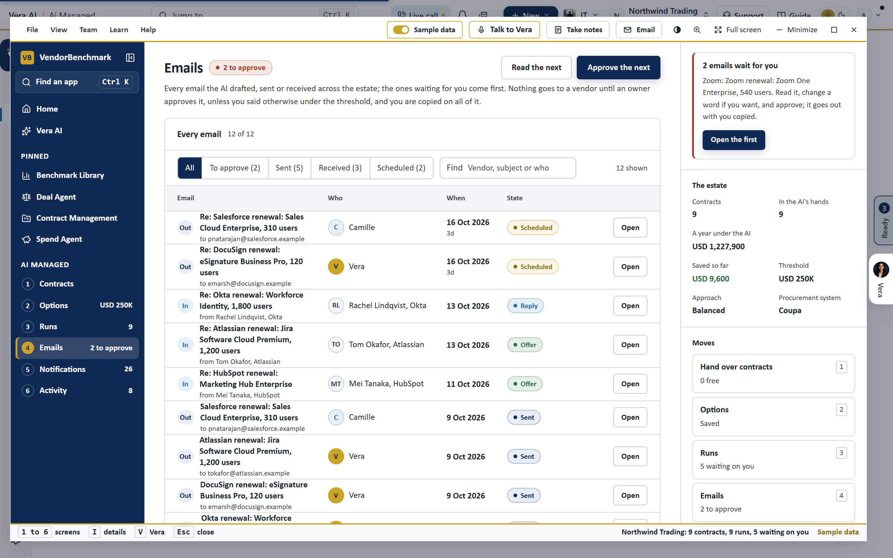 The AI Managed Emails screen with drafts to approve at the top