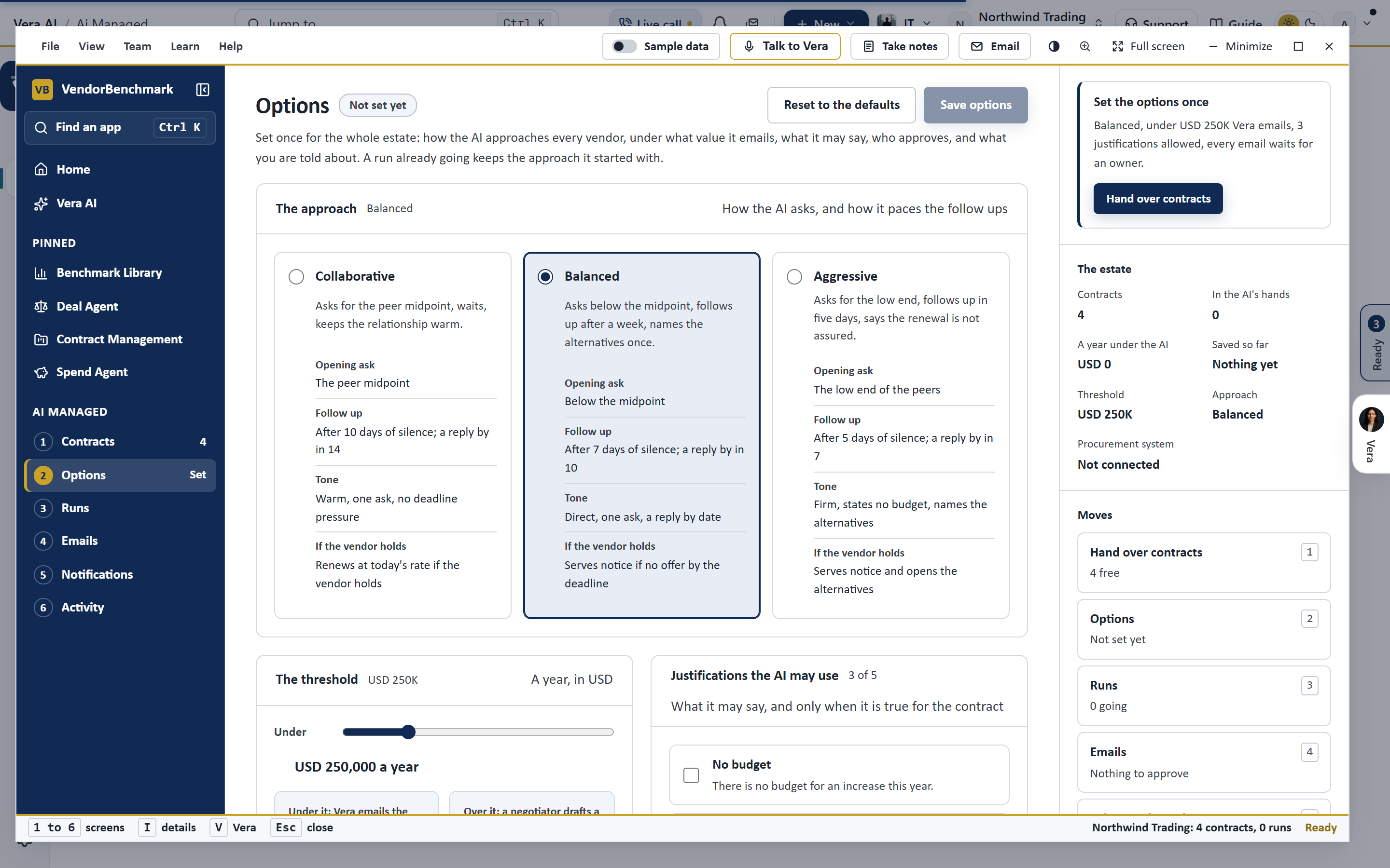 The AI Managed Options screen with the procurement system panel and the write back switch