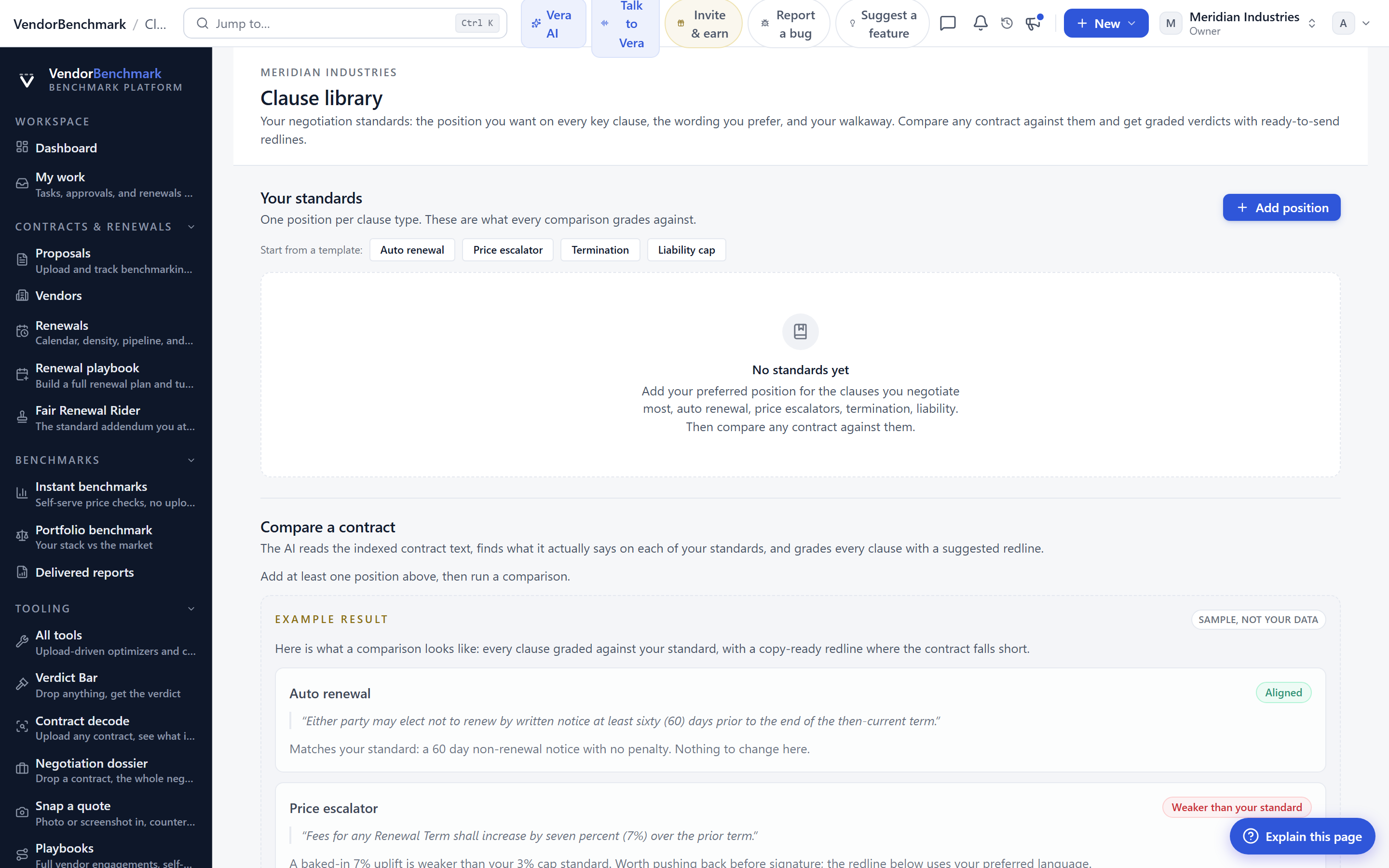 A clause library encoding the legal team's positions, preferred wording, fallbacks, and walk-aways that every AI review argues from