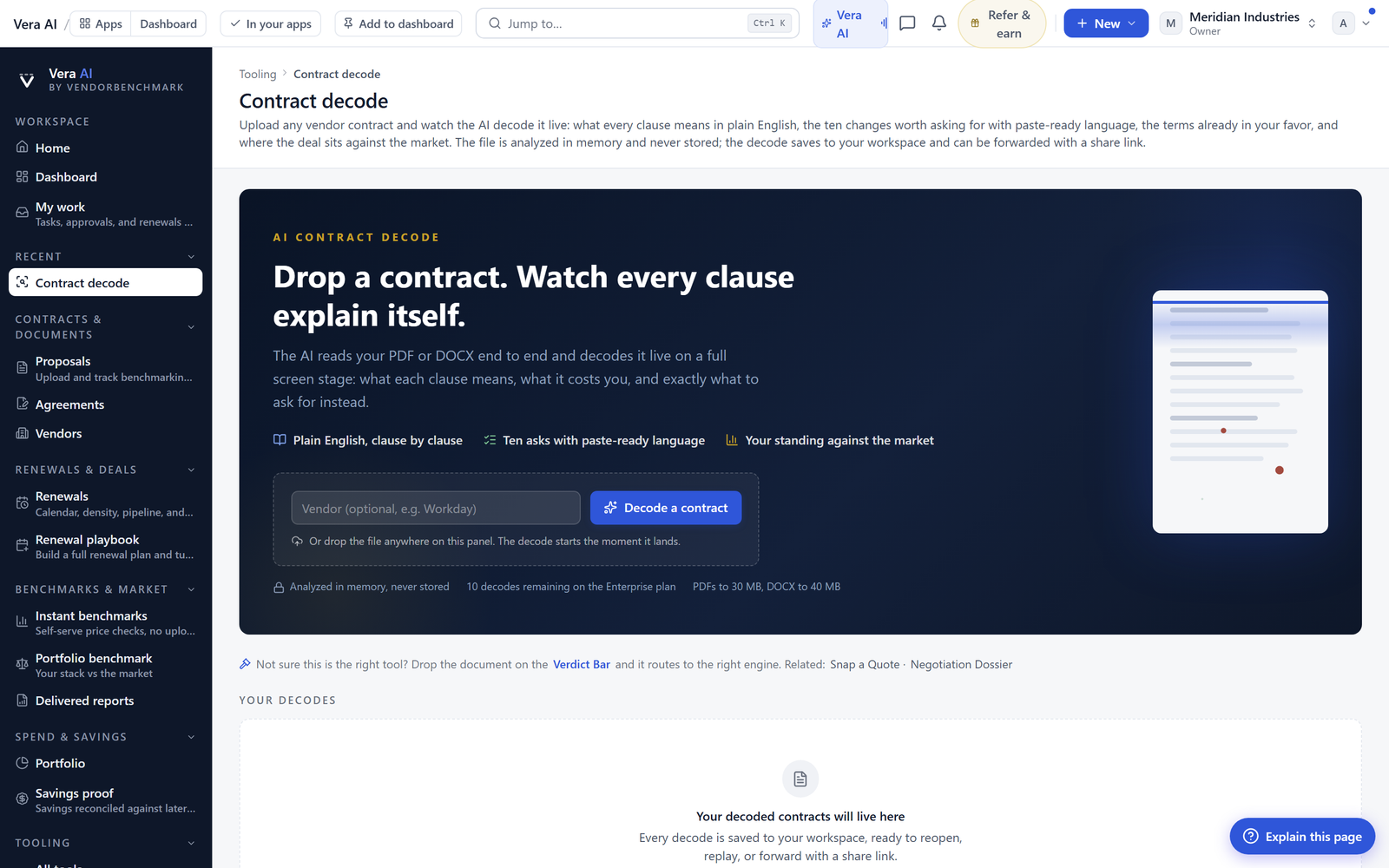 Contract decode view listing flagged ambiguous requirement lines with suggested quantified replacements