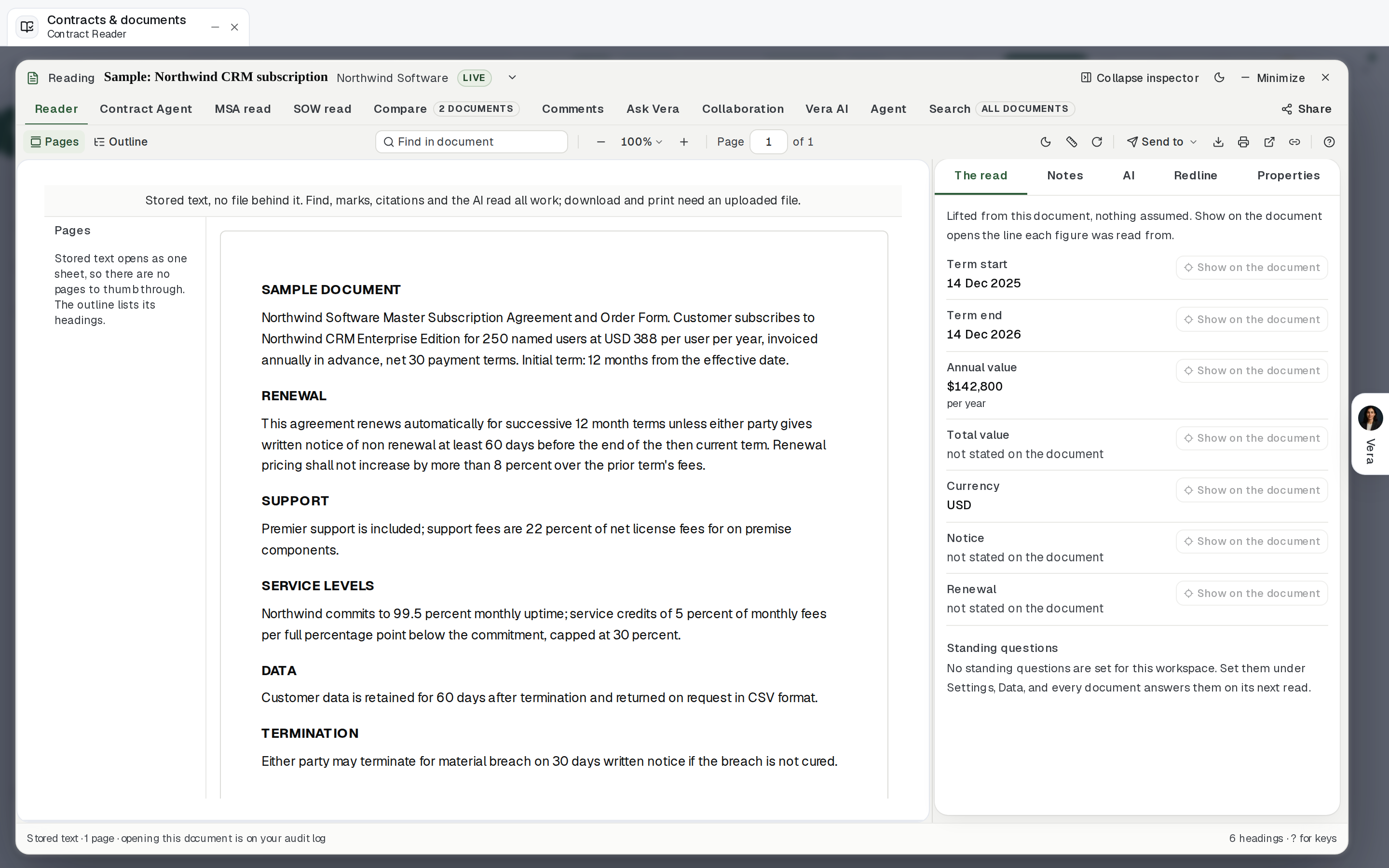 Contract Reader open on a sample contract, with the clause outline, the document, and the terms it read