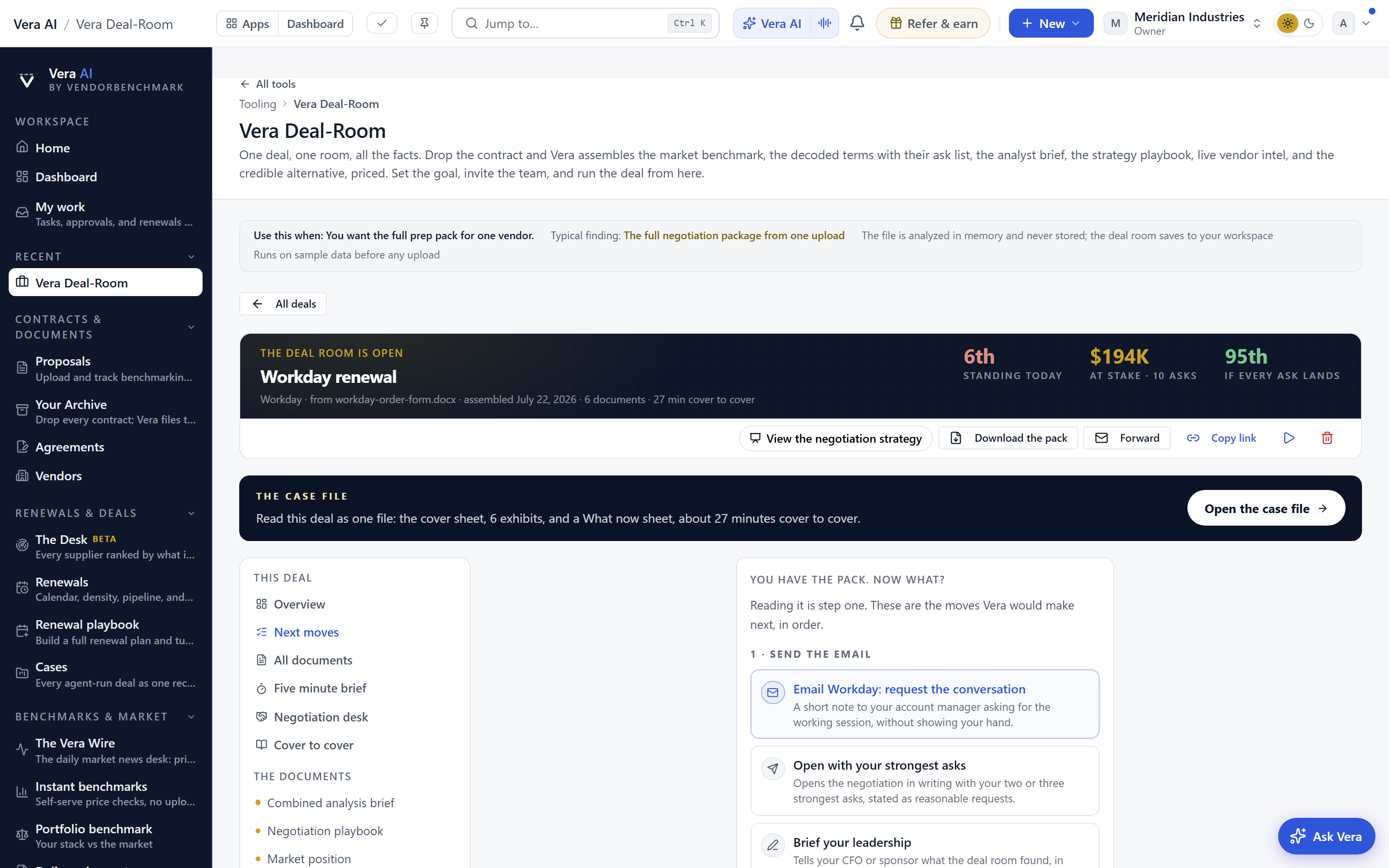 The deal room moves view listing an approved escalation queued for the next 09:00 send window