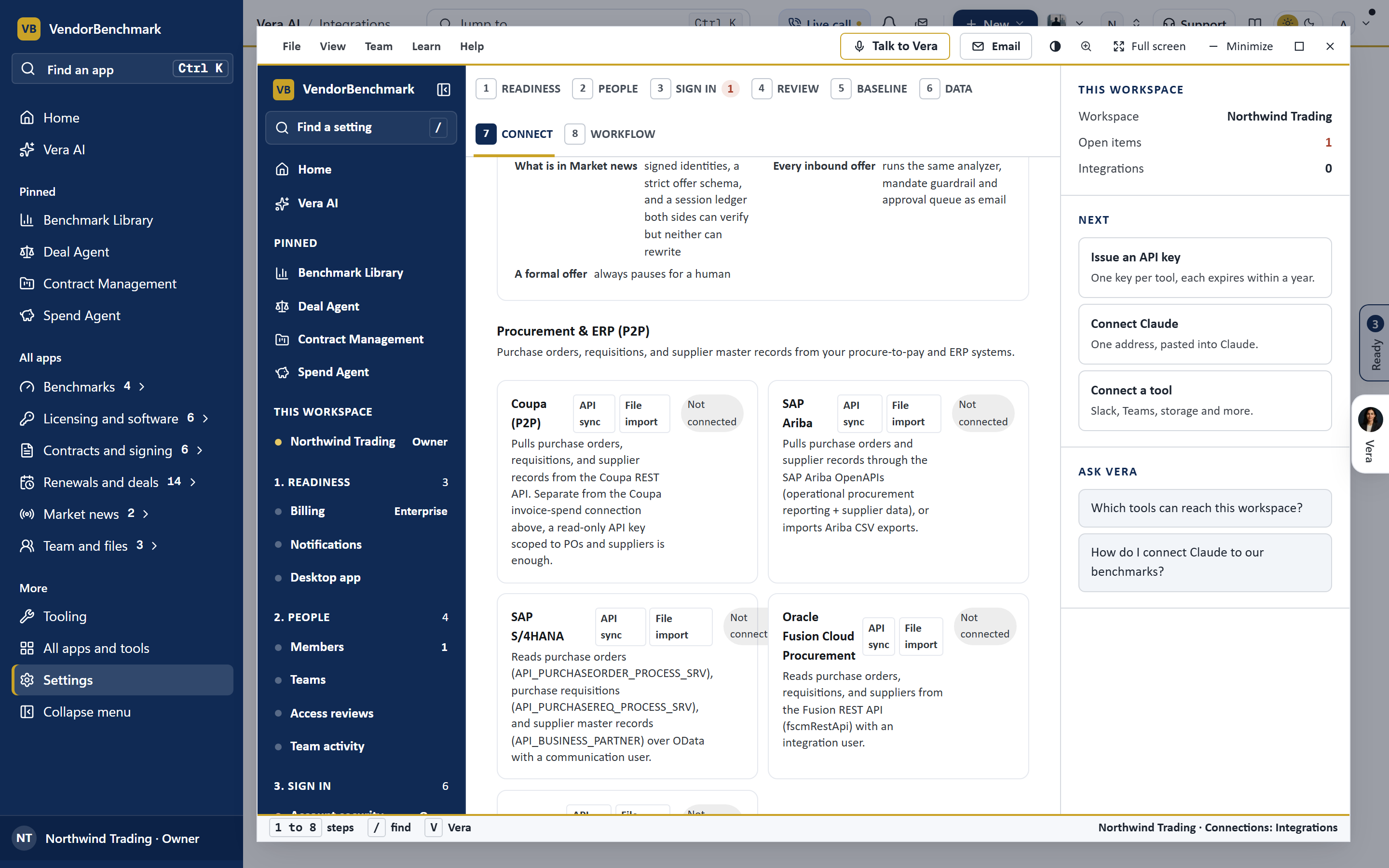 The Settings, Integrations page scrolled to the SAP Ariba connector card
