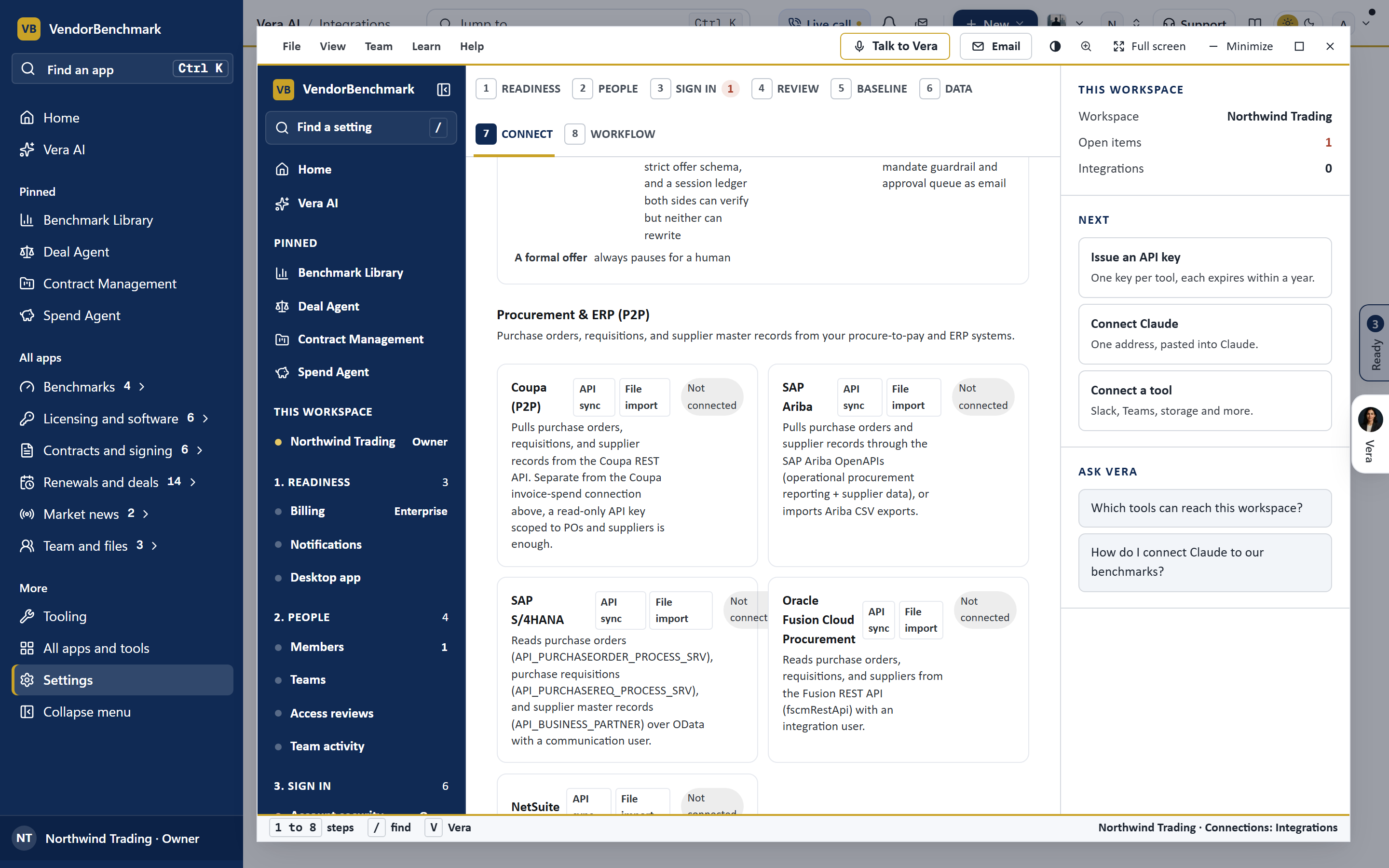 The Settings, Integrations page scrolled to the Coupa P2P connector card