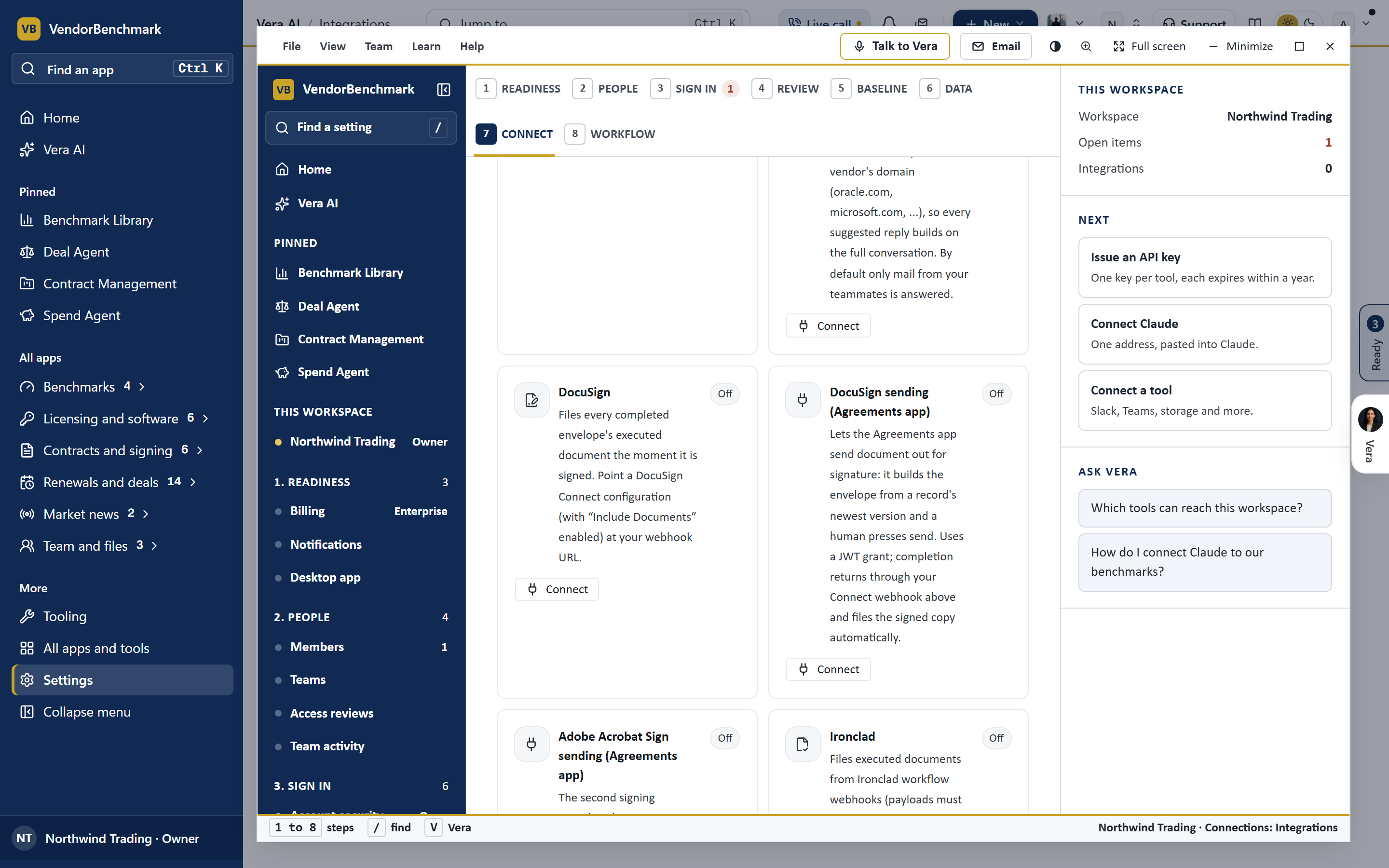 The Settings, Integrations page scrolled to the DocuSign connection card