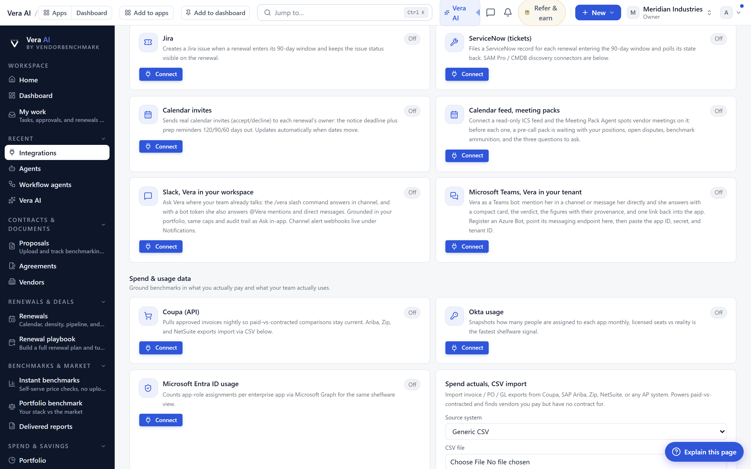 Renewal workflow and spend connections: Jira, ServiceNow, calendar invites, the Slack bot, Coupa, Okta, Entra ID, and CSV imports.