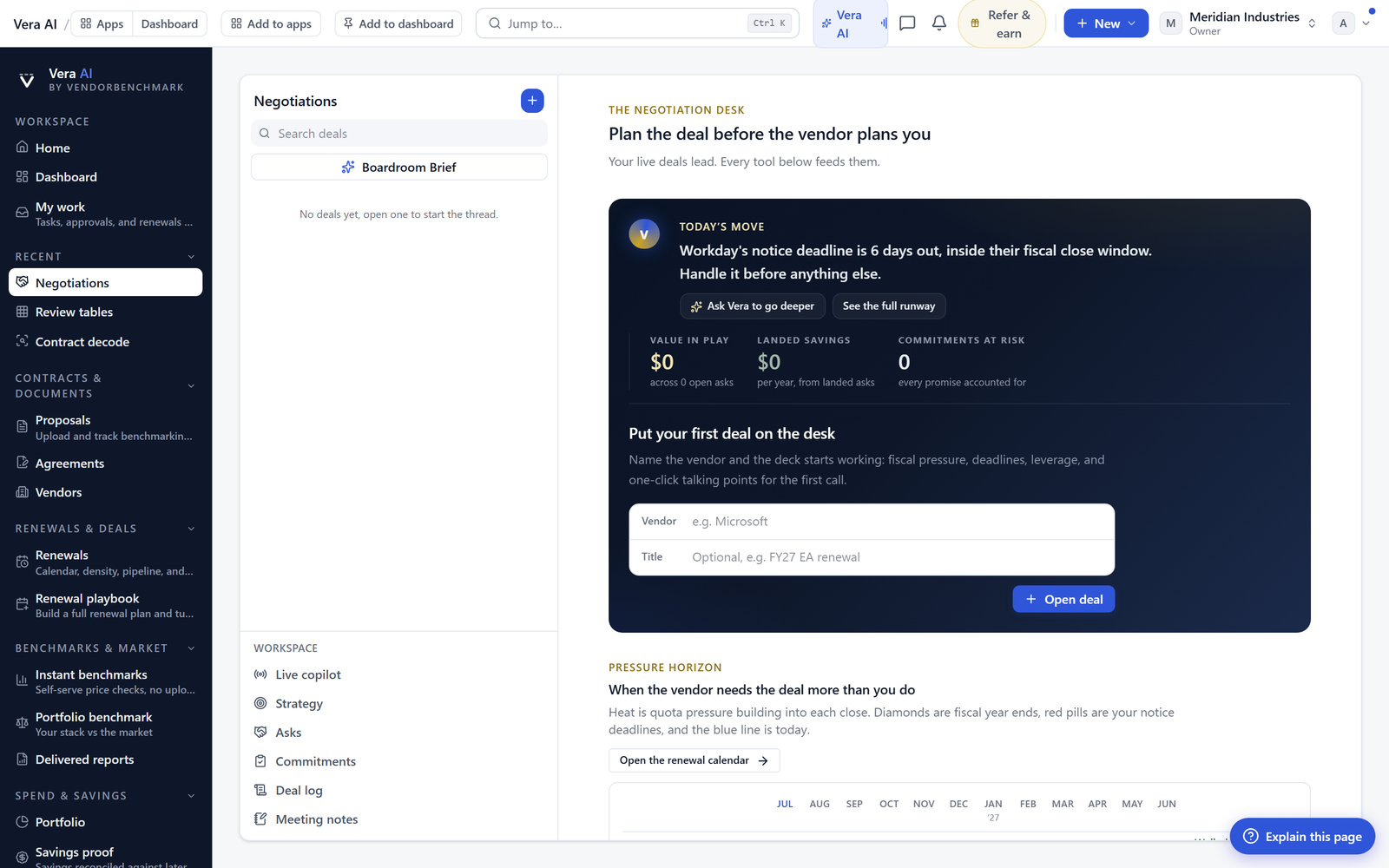 The negotiation desk with drafted outreach and the position behind it