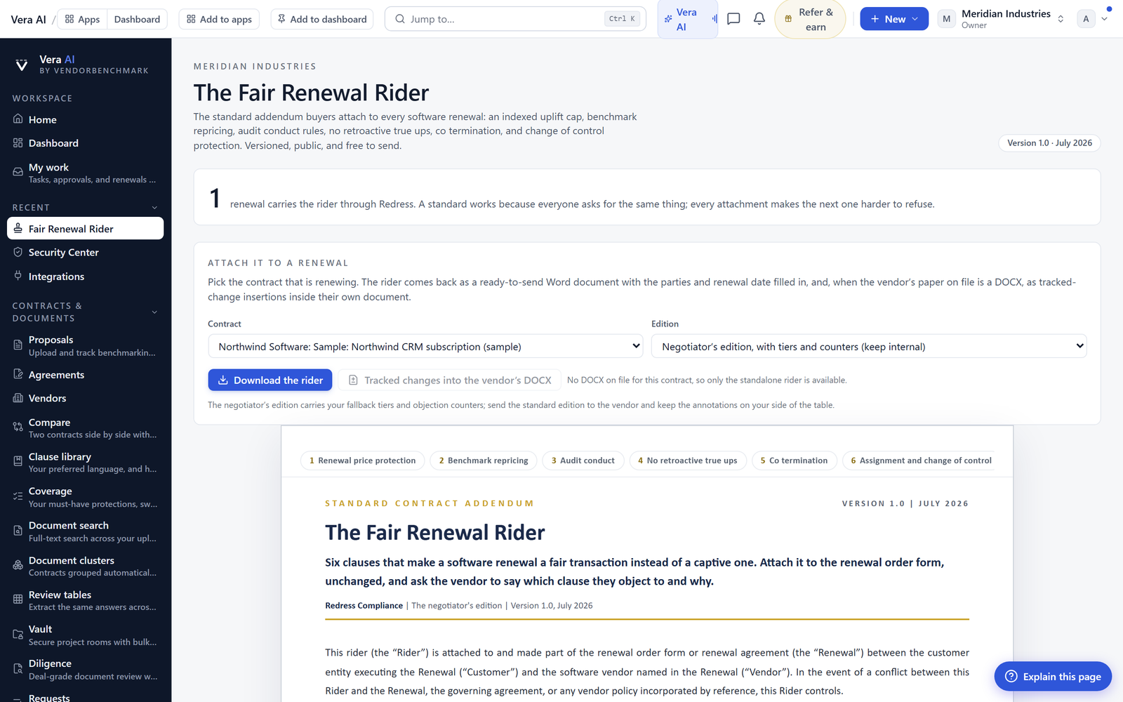The Fair Renewal Rider: uplift cap, benchmark repricing, audit conduct, and change-of-control clauses merged as tracked changes.