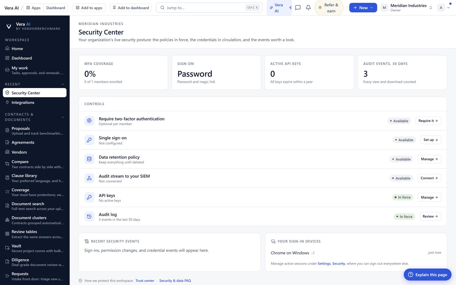 The Vera AI Security Center: MFA coverage, SSO enforcement, retention policy, API keys, and the audit stream