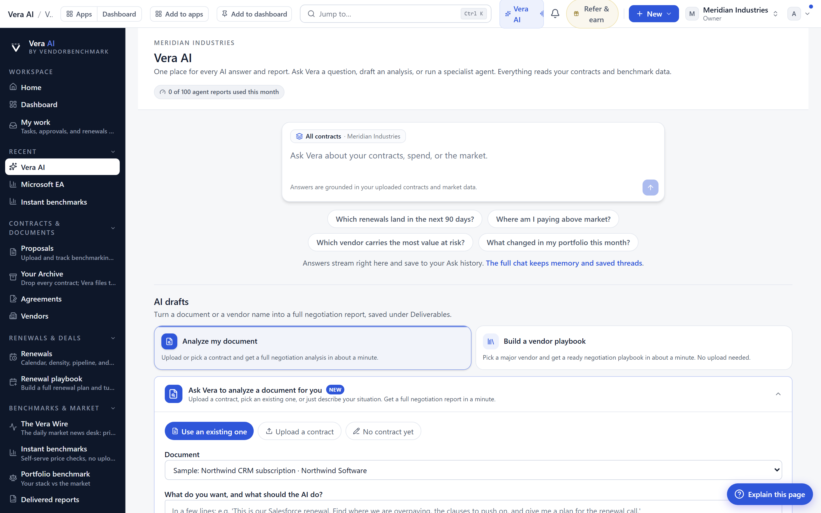 Vera, the AI procurement analyst, answering questions grounded in contracts and market data