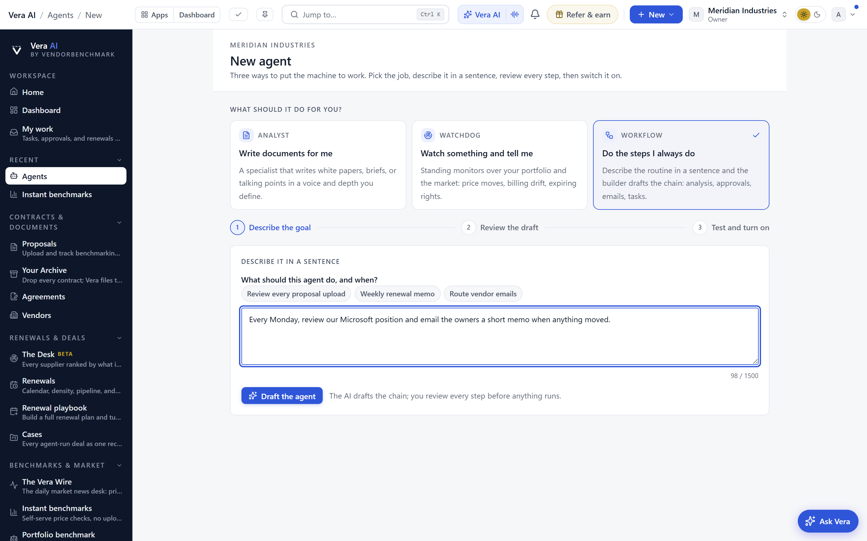 The no-code workflow builder: name the workflow, pick a trigger, and stack AI analysis, if/then, email, Slack, and task steps