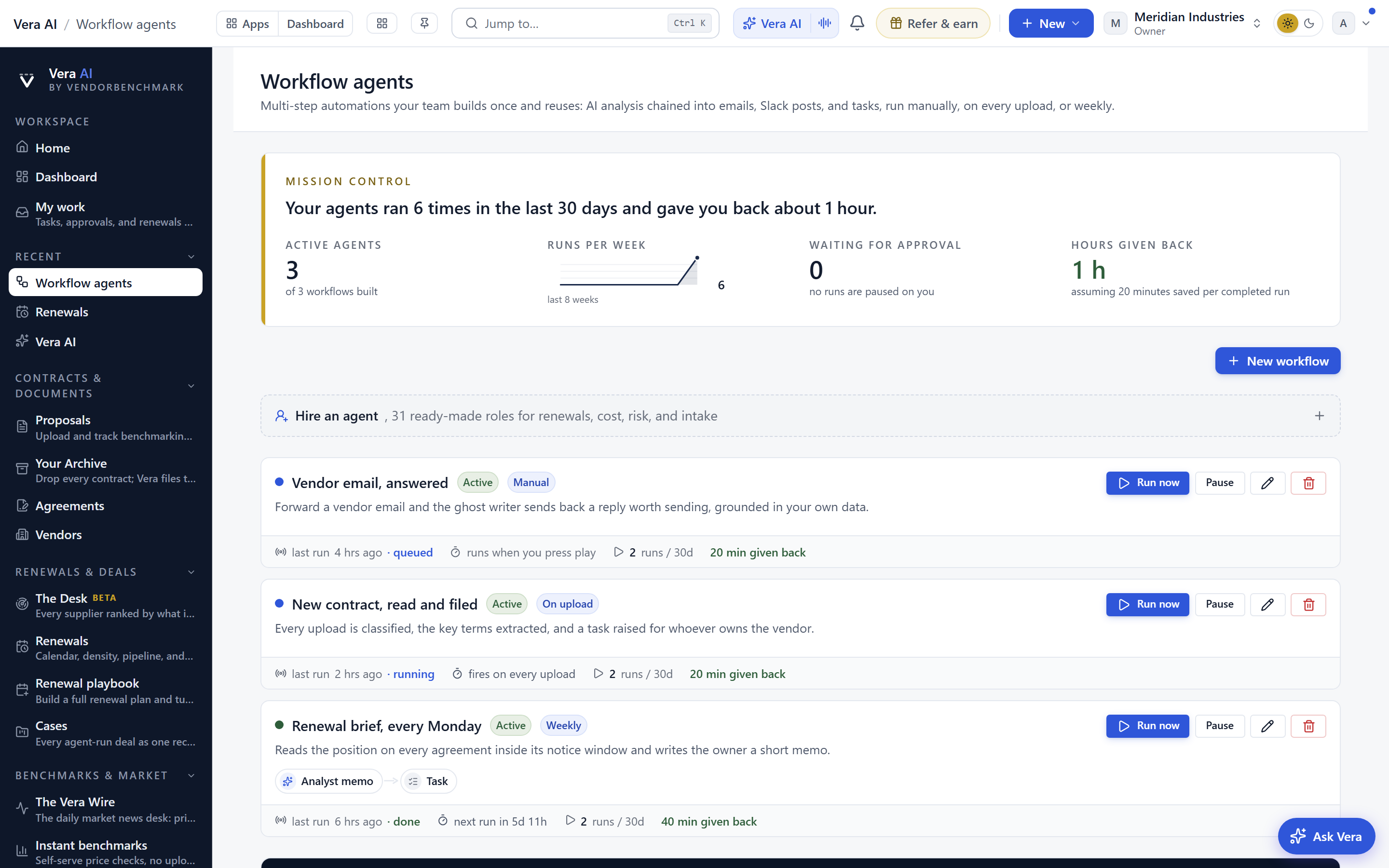 The agent gallery: hire an agent, each role states what it watches, its first move, and the hours it gives back