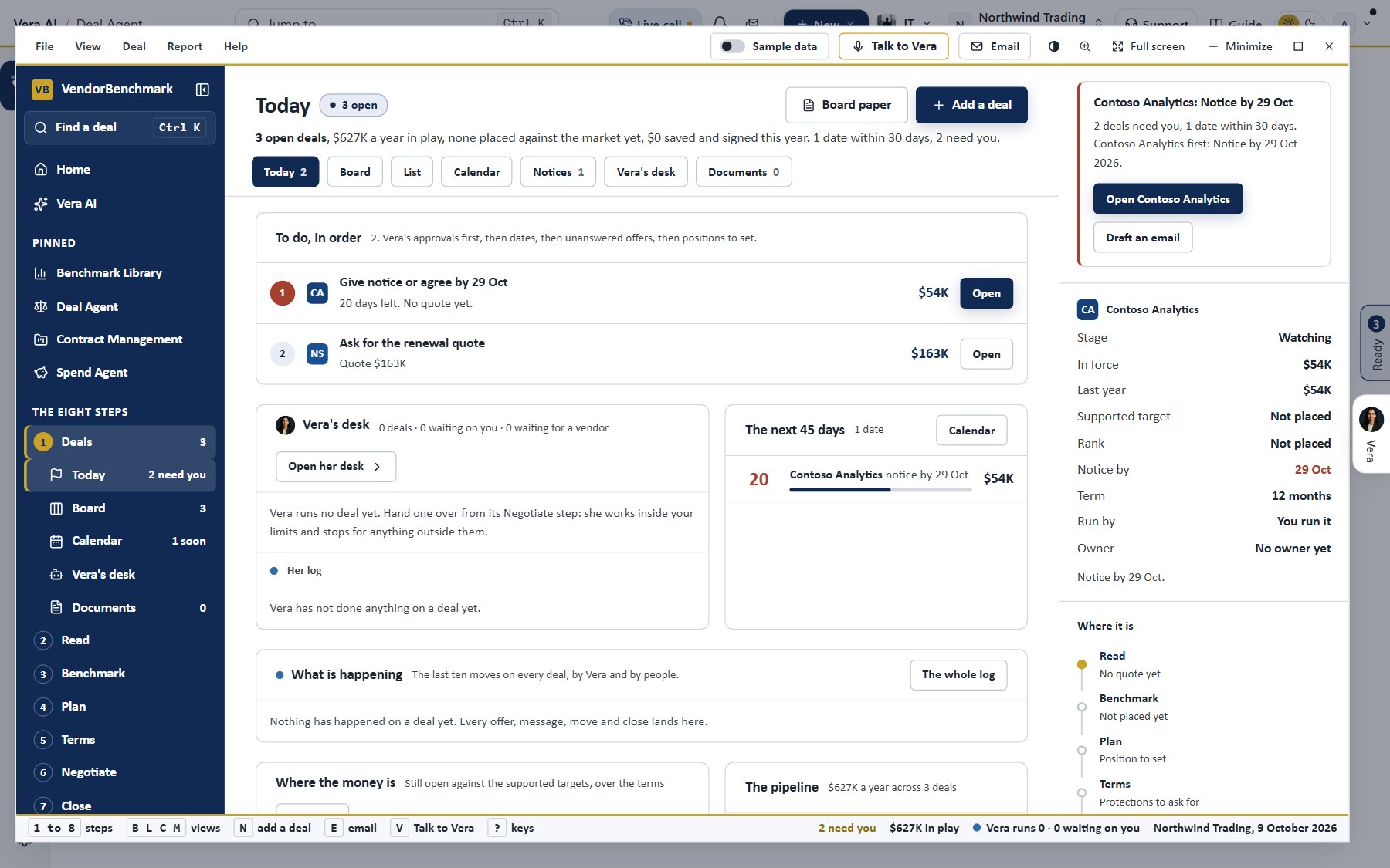 The Deal Agent: every renewal on the clock, ranked by notice date and money, with Contoso Analytics due in 20 days