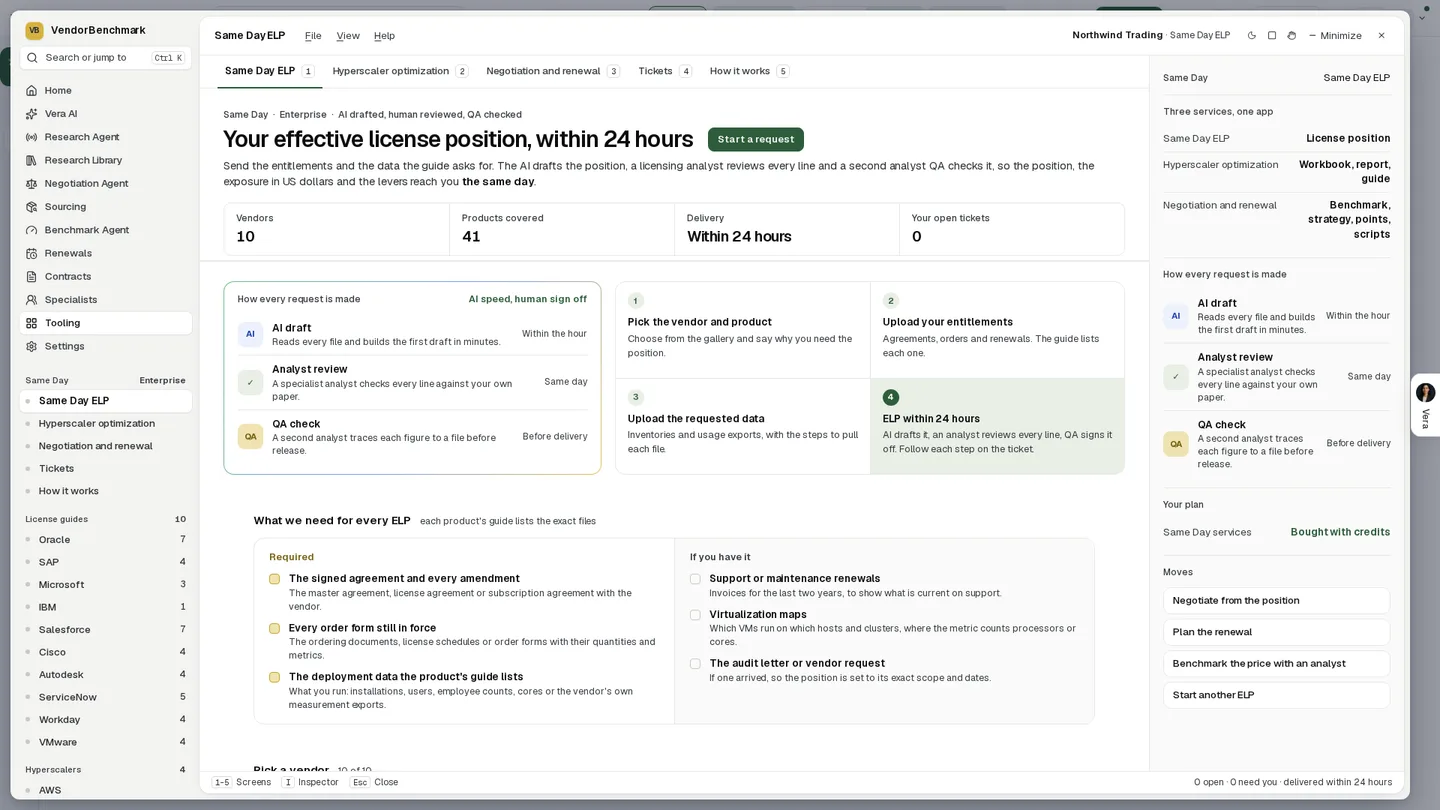 Same Day ELP in the app: your effective license position within 24 hours, 41 products across 10 vendors, with the required files listed: the signed agreement and every amendment, every order form in force, and the deployment data the product's guide lists.