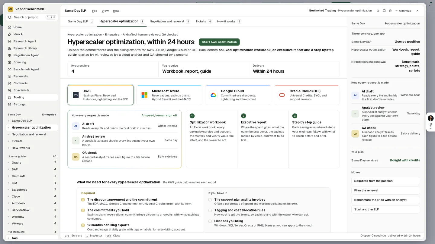 Hyperscaler optimization in the app: pick AWS, Microsoft Azure, Google Cloud or Oracle Cloud (OCI), upload the commitments and the billing exports, and receive an optimization workbook, an executive report and a step by step guide.