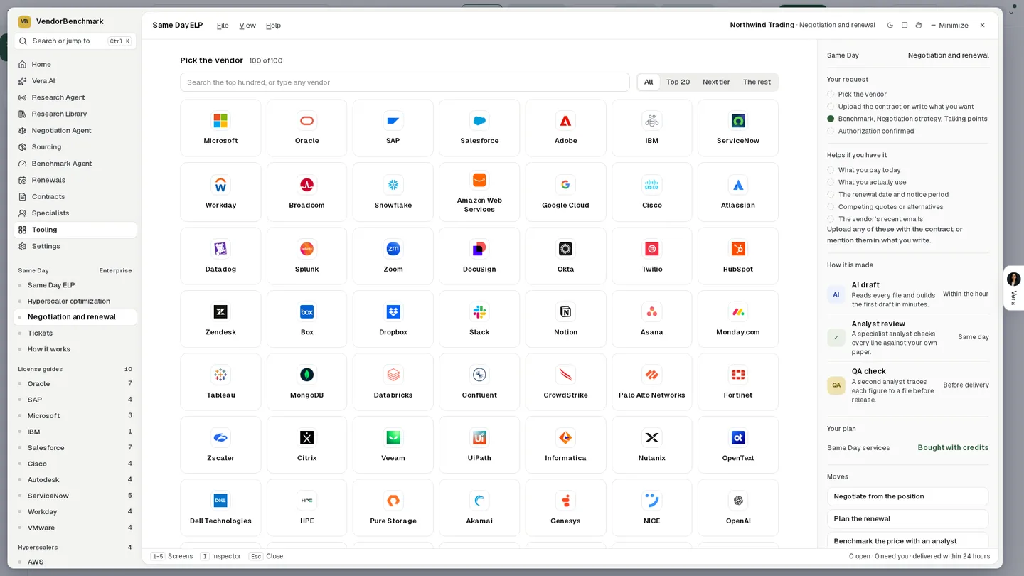 Negotiation and renewal in the app: pick any of the top 100 vendors, from Microsoft, Oracle, SAP and Salesforce to Snowflake, Databricks and CrowdStrike, then upload the contract or write what you want.